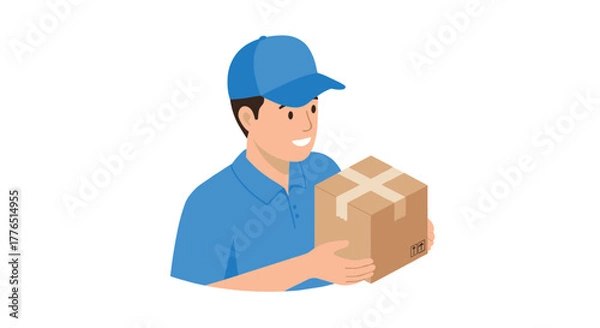 Fototapeta Delivery worker holding a package in blue uniform