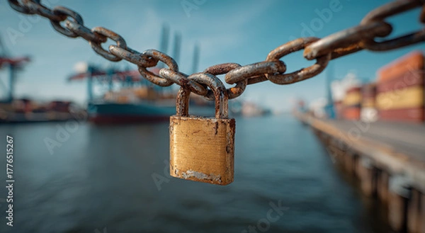 Fototapeta Rusty padlock securing a heavy chain in a container port;The concept of tariff policy and cross-border logistics