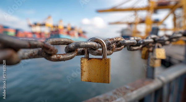 Obraz Rusty padlock securing a heavy chain in a container port;The concept of tariff policy and cross-border logistics