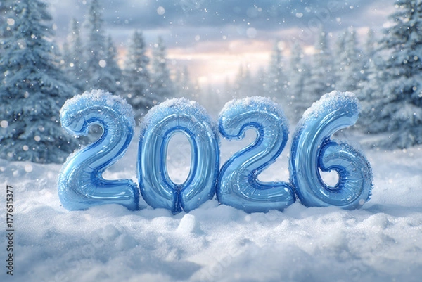 Fototapeta Happy New Year 2026 : Festive Blue Number Balloons in a Snowy Winter Wonderland Forest