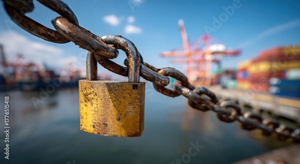 Fototapeta Rusty padlock securing a heavy chain in a container port;The concept of tariff policy and cross-border logistics