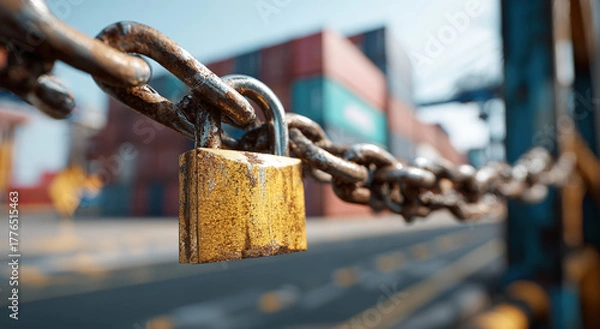 Obraz Rusty padlock securing a heavy chain in a container port;The concept of tariff policy and cross-border logistics