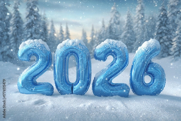 Obraz Happy New Year 2026 : Festive Blue Number Balloons in a Snowy Winter Wonderland Forest