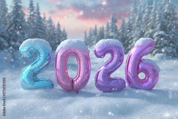 Fototapeta Happy New Year 2026 : Festive Pink and Purple Number Balloons in a Snowy Winter Wonderland Forest