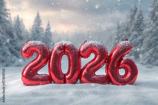 Obraz Happy New Year 2026 : Festive Red Number Balloons in a Snowy Winter Wonderland Forest