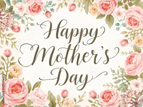 Fototapeta Happy mothers day floral greeting card with soft pink roses and greenery