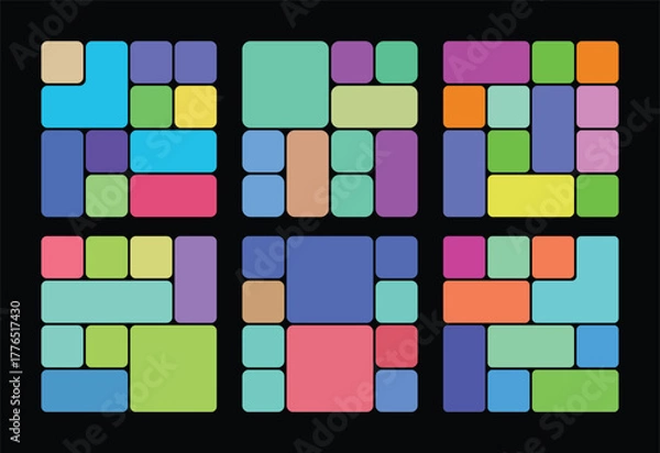 Fototapeta Bento grid layout abstract geometric pattern with colorful rectangles and squares on a black background