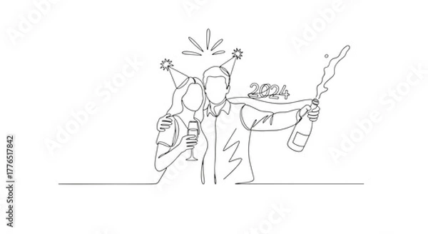 Fototapeta Line art of a couple celebrating new year 2024 with champagne and party hats in black and white style