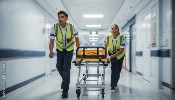 Fototapeta Dynamic action shot of two paramedics in safety vests, running and pushing an emergency gurney through a hospital hallway.