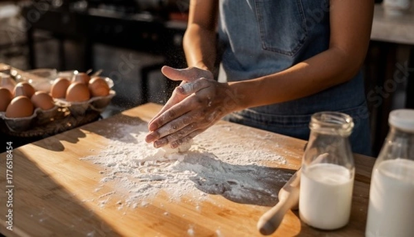 Fototapeta Close-up of a person's hands covered in flour, working with dough on a wooden board in a rustic kitchen with milk and eggs.