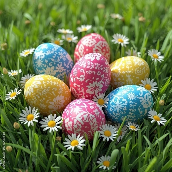 Fototapeta Colorful easter eggs nestled in green grass with white daisies