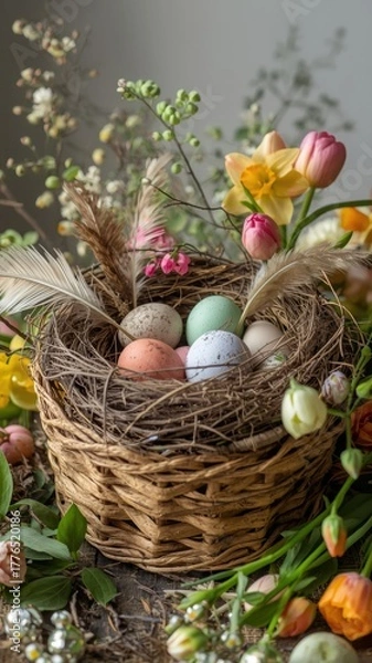 Obraz Easter nest filled with colorful eggs and spring flowers