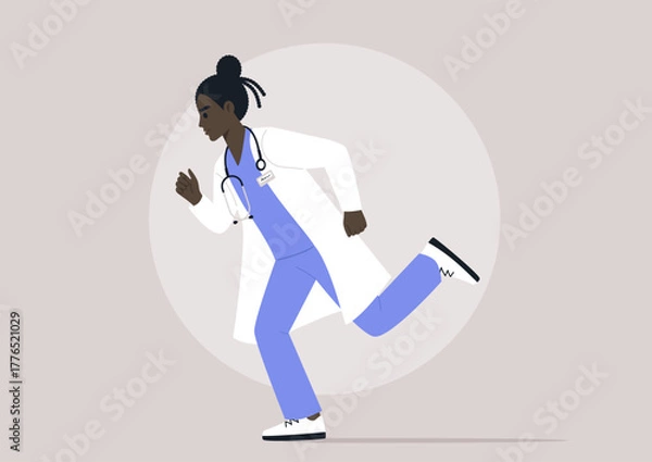 Fototapeta A determined doctor sprinting through a hospital corridor, clad in medical attire, showcasing their commitment to health and swift action in challenging situations