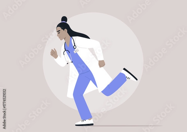 Fototapeta A determined doctor sprinting through a hospital corridor, clad in medical attire, showcasing their commitment to health and swift action in challenging situations