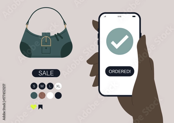 Fototapeta Person places an online order for a trendy green bag, showcasing a user-friendly shopping app and displaying a selection of sizes and colors for a stylish choice.