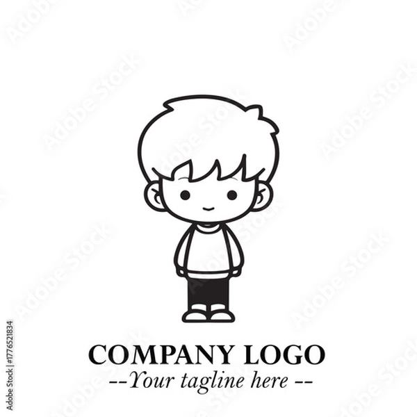 Fototapeta Black and White Chibi Boy Illustration with Jacket and Boots in Bold Thick Line Art Minimal Style