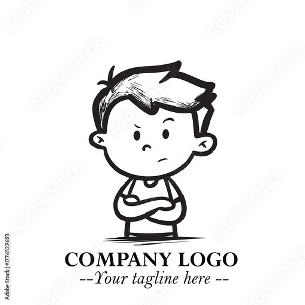 Fototapeta Black and White Chibi Boy Illustration with Jacket and Boots in Bold Thick Line Art Minimal Style