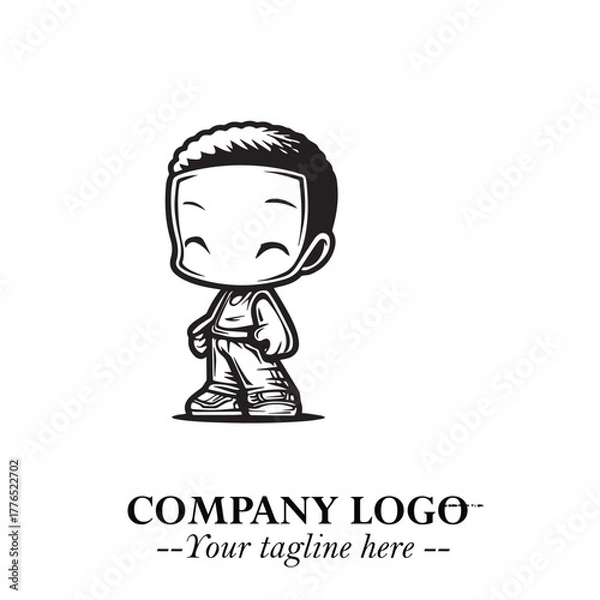 Fototapeta Black and White Chibi Boy Illustration with Jacket and Boots in Bold Thick Line Art Minimal Style