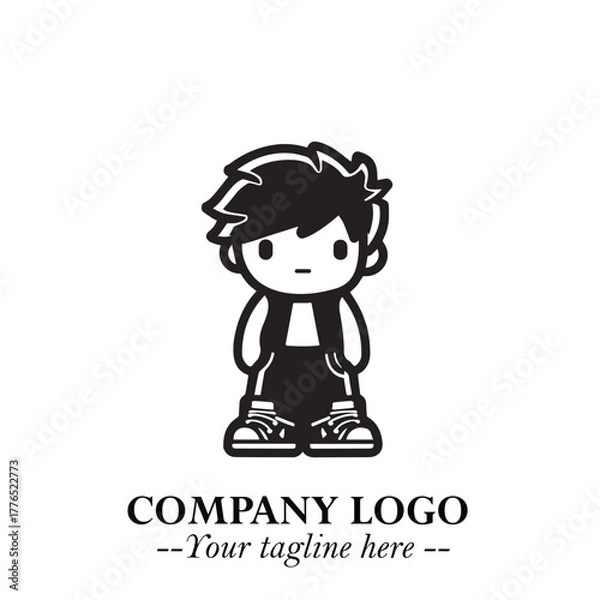Fototapeta Black and White Chibi Boy Illustration with Jacket and Boots in Bold Thick Line Art Minimal Style