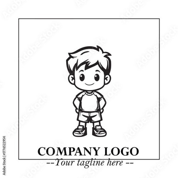 Fototapeta Black and White Chibi Boy Illustration with Jacket and Boots in Bold Thick Line Art Minimal Style