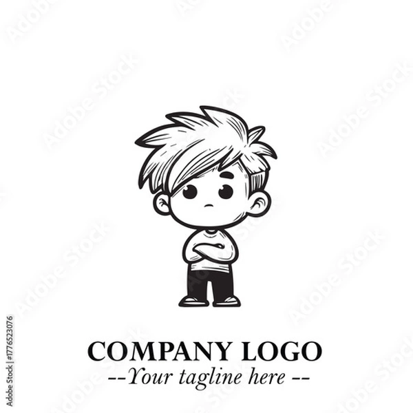 Fototapeta Black and White Chibi Boy Illustration with Jacket and Boots in Bold Thick Line Art Minimal Style