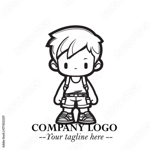 Fototapeta Black and White Chibi Boy Illustration with Jacket and Boots in Bold Thick Line Art Minimal Style