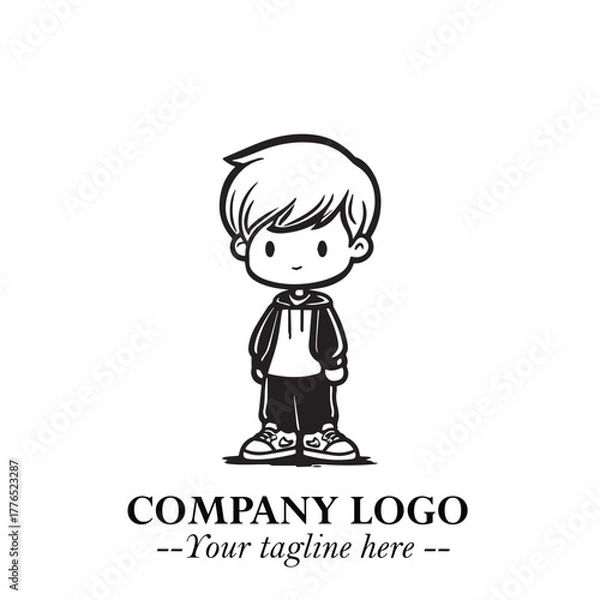 Obraz Black and White Chibi Boy Illustration with Jacket and Boots in Bold Thick Line Art Minimal Style