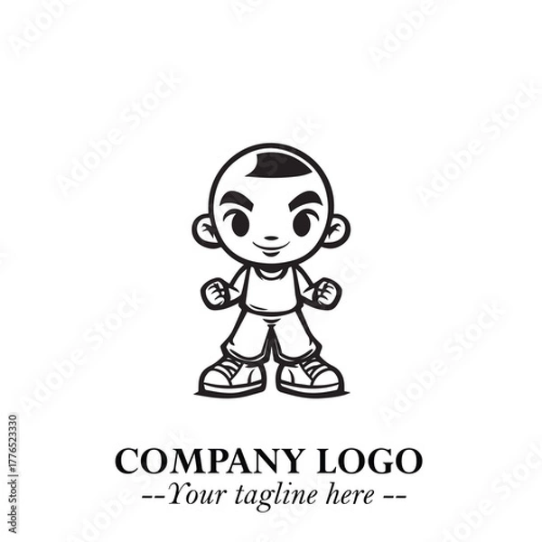 Obraz Black and White Chibi Boy Illustration with Jacket and Boots in Bold Thick Line Art Minimal Style