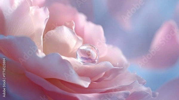 Obraz Close-up of a delicate water drop on a soft pink rose petal, creating a beautiful romantic and gentle atmosphere, nature beauty and purity concept.