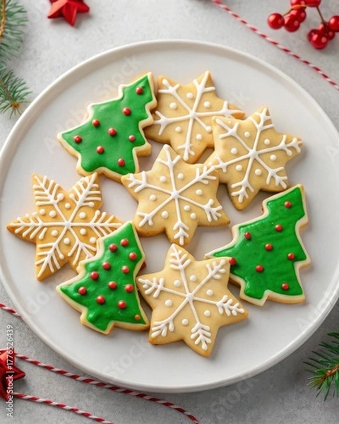 Fototapeta Festive decorated sugar cookies shaped like stars snowflakes and christmas trees on a holiday table setting