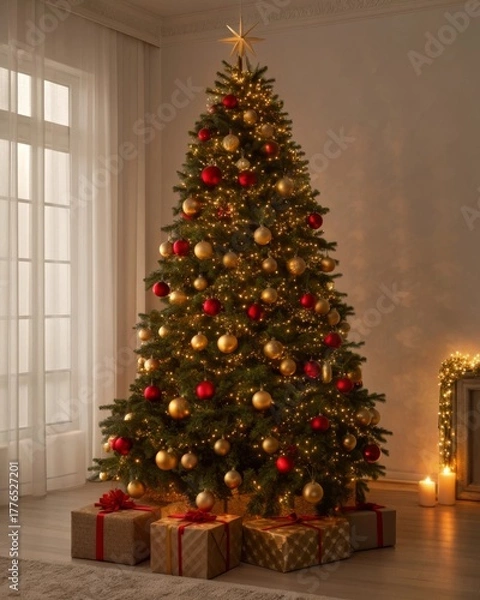 Fototapeta Decorating a tall christmas tree with gold and red ornaments in a warmly lit room featuring soft glowing lights and presents underneath