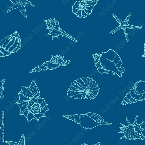 Obraz Seashells and starfish on a beige background. Hand-drawn marine illustration in delicate beige and white tones,