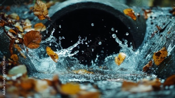 Fototapeta Water splashes from a drain surrounded by autumn leaves. The scene captures the essence of seasonal change and nature's beauty.