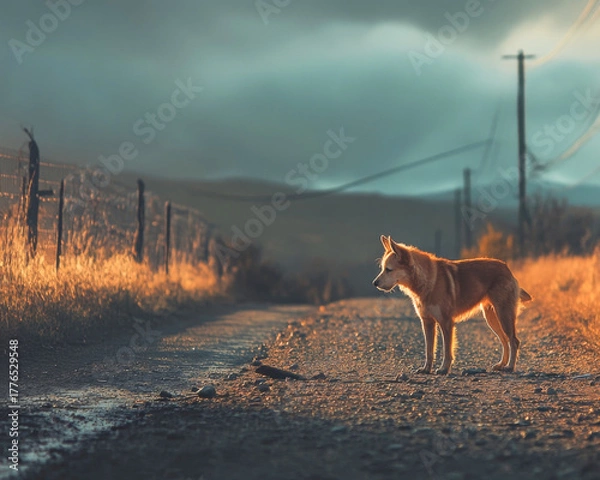 Fototapeta A brown dog stands on a gravel road surrounded by tall grass and distant hills under a cloudy sky. The scene captures a tranquil rural landscape.