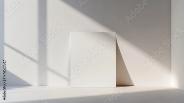 Fototapeta A blank white canvas stands against a minimalist wall, illuminated by soft natural light creating gentle shadows.