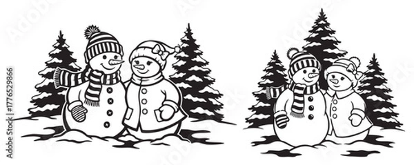 Obraz Snowman Couple in Winter Forest Illustration