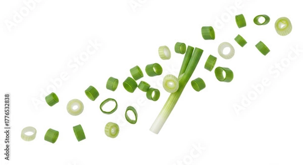 Obraz Flying chopped scallion rings, fresh green onion isolated background