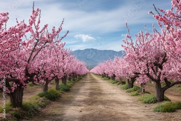Obraz rows of blooming sakura trees in farm garden with copy space