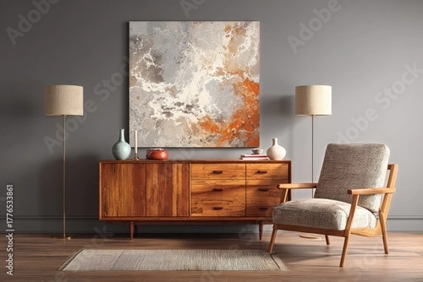 Fototapeta Modern Living Room With Stylish Furniture and Abstract Art on the Wall