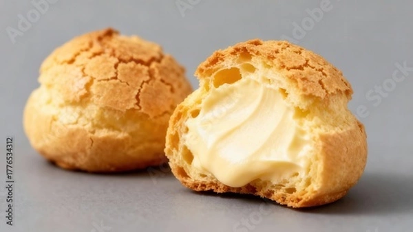 Obraz Two golden baked pastry puffs filled with rich vanilla cream sit on a neutral surface