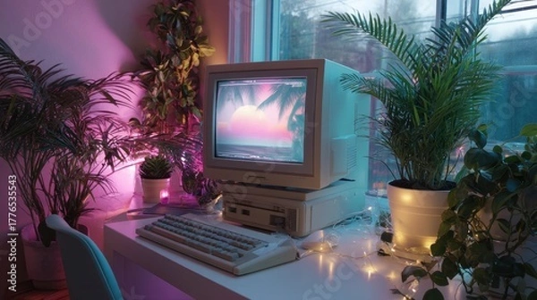 Obraz Retro computer setup with a vaporwave aesthetic on monitor screen. Nostalgic 80s and 90s technology evoking cyber punk and old desktop design.