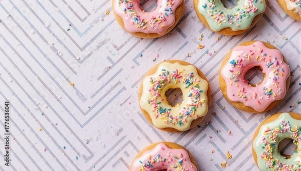 Fototapeta Colorful donuts with sprinkles on a patterned surface, top view.