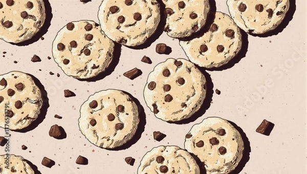 Fototapeta Flat lay illustration of scattered chocolate chip cookies pattern.