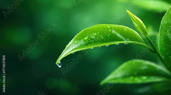 Fototapeta Fresh Green Tea Leaf with Sparkling Water Droplets