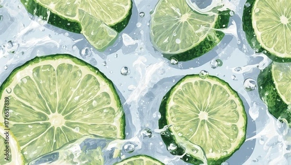 Fototapeta Refreshing Lime Slices Floating in Clear Water, Close-Up.