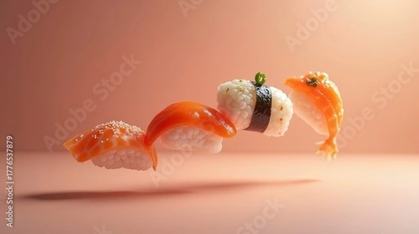 Fototapeta Different pieces of sushi floating in air isometric perspective product