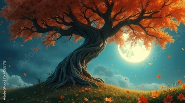 Fototapeta Mystical autumn tree with glowing moon and falling leaves