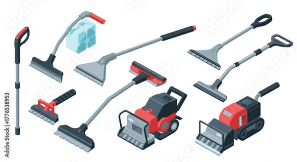 Fototapeta Isometric snow removal tools and equipment set in modern 3d design