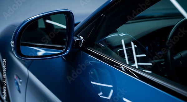 Fototapeta Side view of a modern blue car showing the mirror and reflection of the interior.