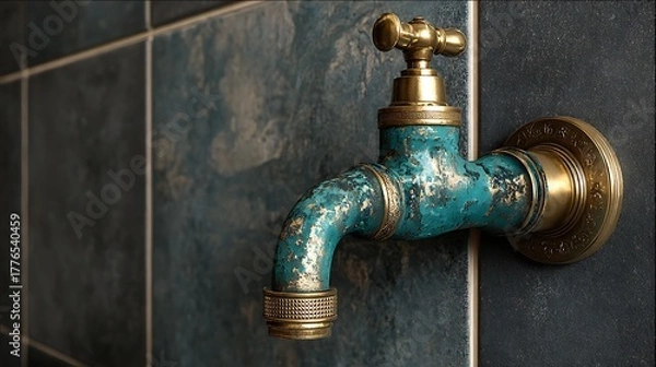 Fototapeta Rustic weathered brass water tap with verdigris on dark textured tiles